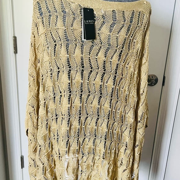 NWT Lauren Ralph Lauren Linen Blend Women Knit Poncho Gold Size S/M  $195 - Picture 4 of 16